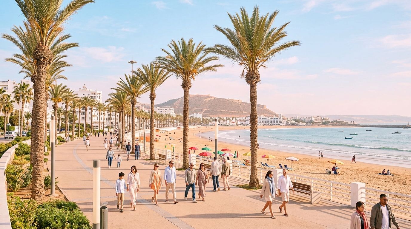 Promenade et plage d'Agadir sous le soleil d'hiver