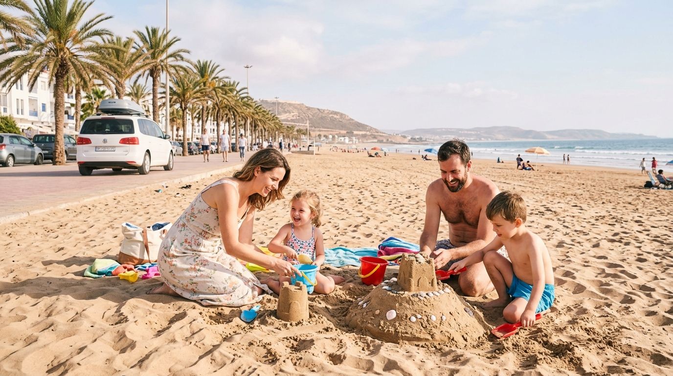 Famille construisant des châteaux de sable sur la plage d'Agadir