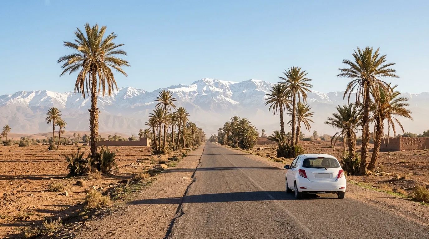 Voiture de location sur une route bordée de palmiers face aux sommets enneigés du Haut Atlas
