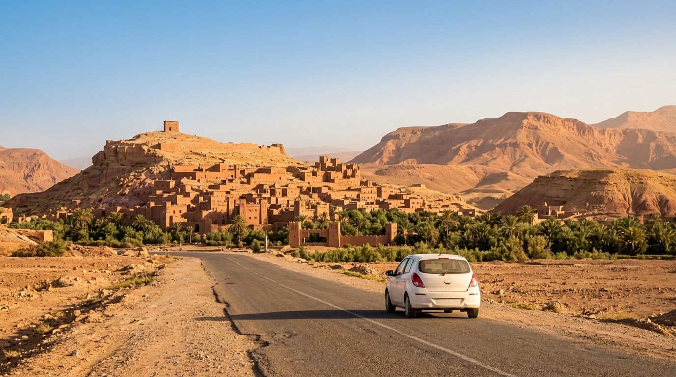 Voiture de location sur une route du sud marocain menant à une kasbah près de Ouarzazate