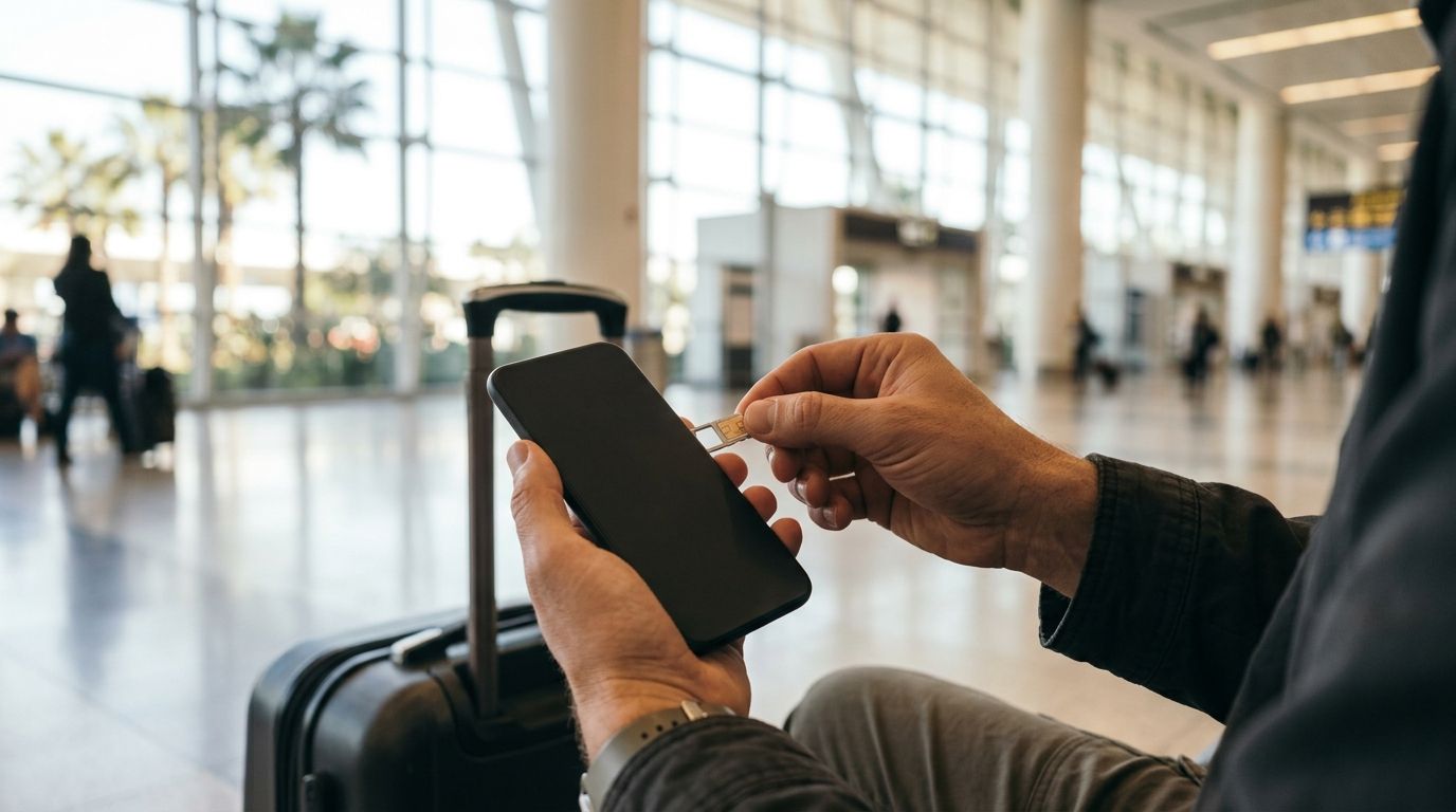 Voyageur insérant une carte SIM dans son smartphone dans le hall d’arrivée d’un aéroport
