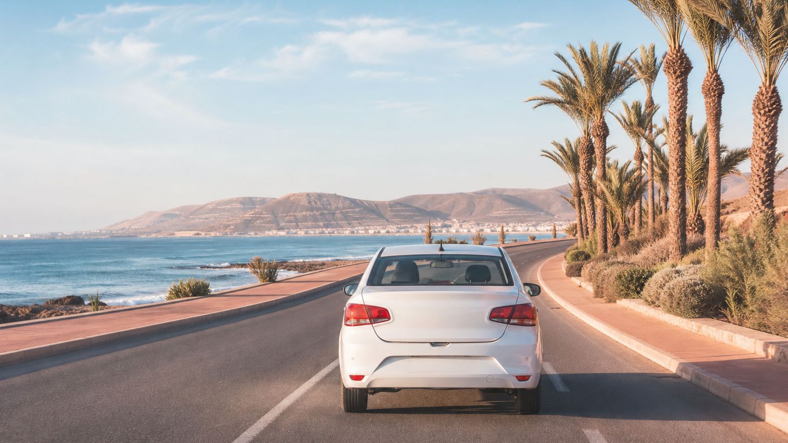 Voiture de location sur une route côtière près d'Agadir