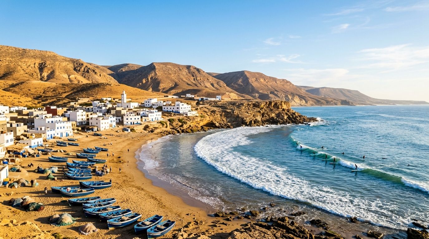 Surfeurs sur la longue vague de la baie d’Imsouane, village de pêcheurs au bord de l’Atlantique