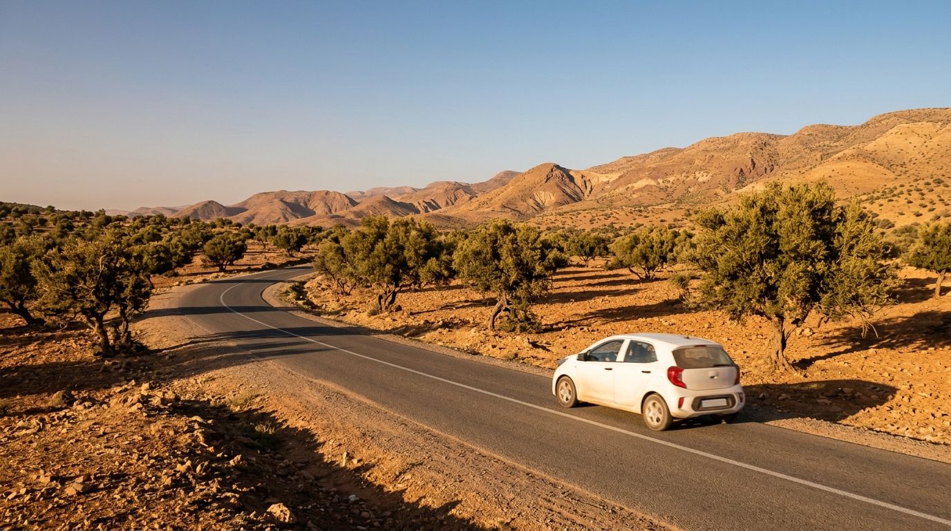 Voiture de location roulant sur une route bordée d’arganiers dans le sud du Maroc