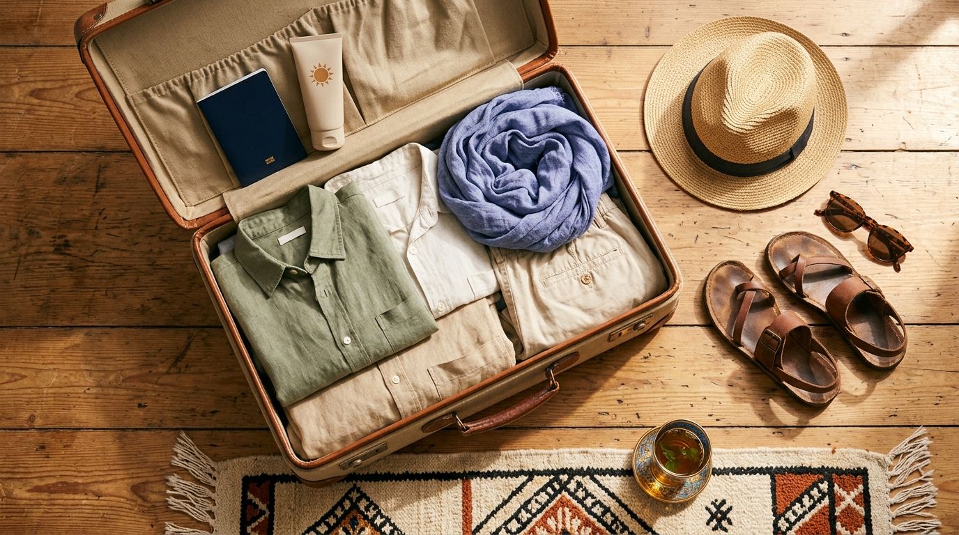 Valise ouverte avec vêtements légers, chapeau, sandales et passeport, prête pour le Maroc