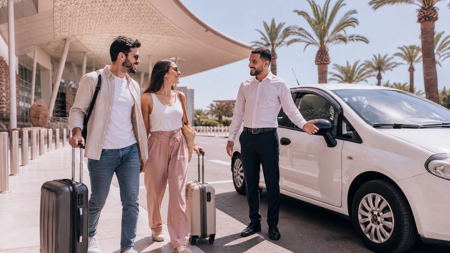 Couple accueilli près d’une voiture de location devant l’aéroport