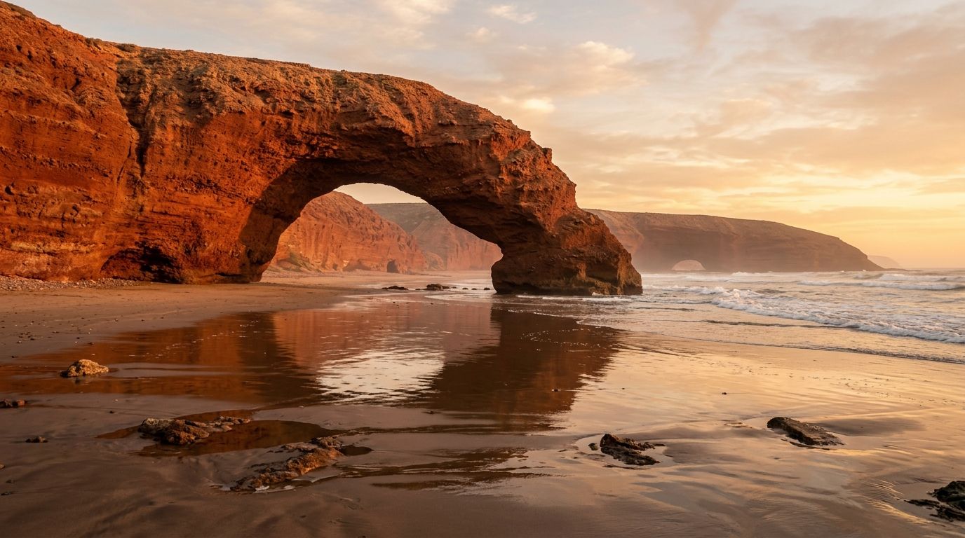 Arche de roche rouge sur une plage sauvage de la côte atlantique au coucher du soleil