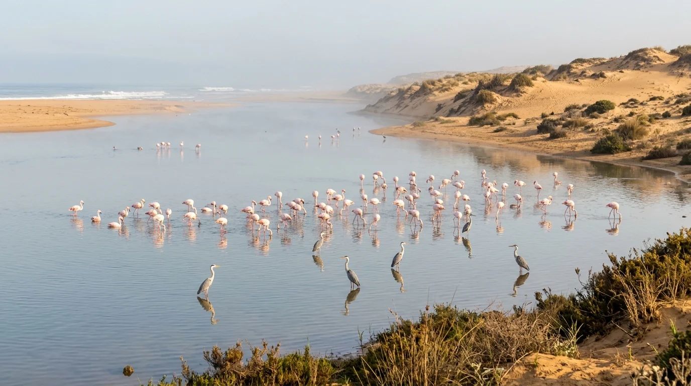 Flamants roses et hérons dans la lagune d’une embouchure entourée de dunes