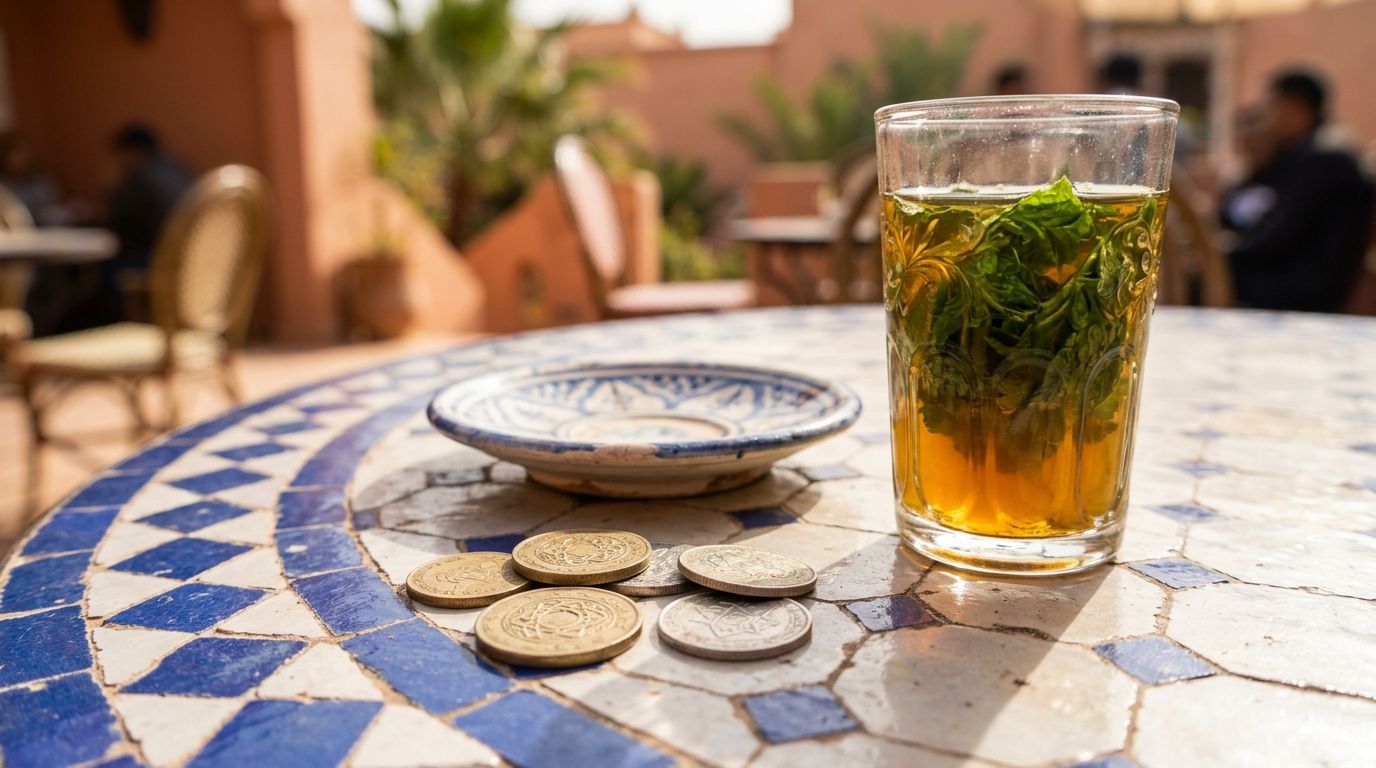 Pièces de monnaie sur une table de café en zellige à côté d’un verre de thé à la menthe