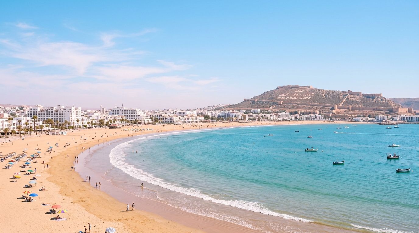 Vue sur la baie d'Agadir et la Kasbah sous un ciel bleu