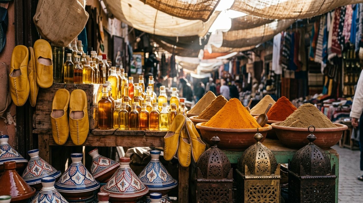 Étal de souk avec huile d’argan, épices, babouches, tajines et lanternes