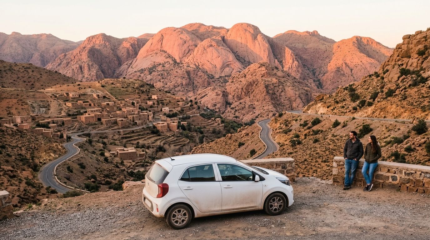 Voiture de location garée sur un belvédère de l’Anti-Atlas au coucher du soleil