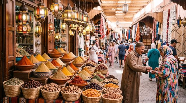 Étals d'épices et lanternes au Souk El Had d'Agadir