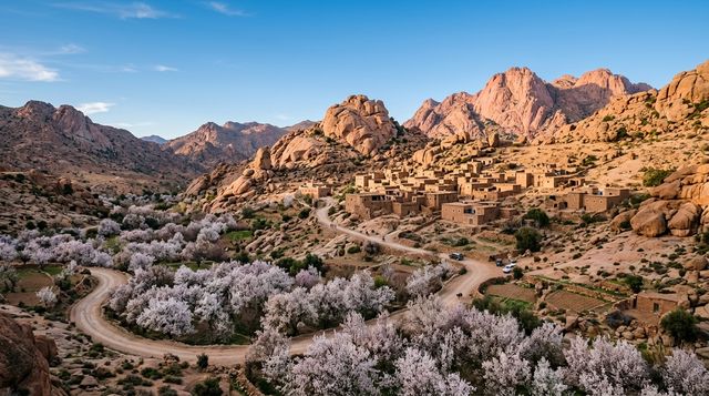 Vallée des Ameln près de Tafraout : villages berbères, amandiers et rochers de granit rose