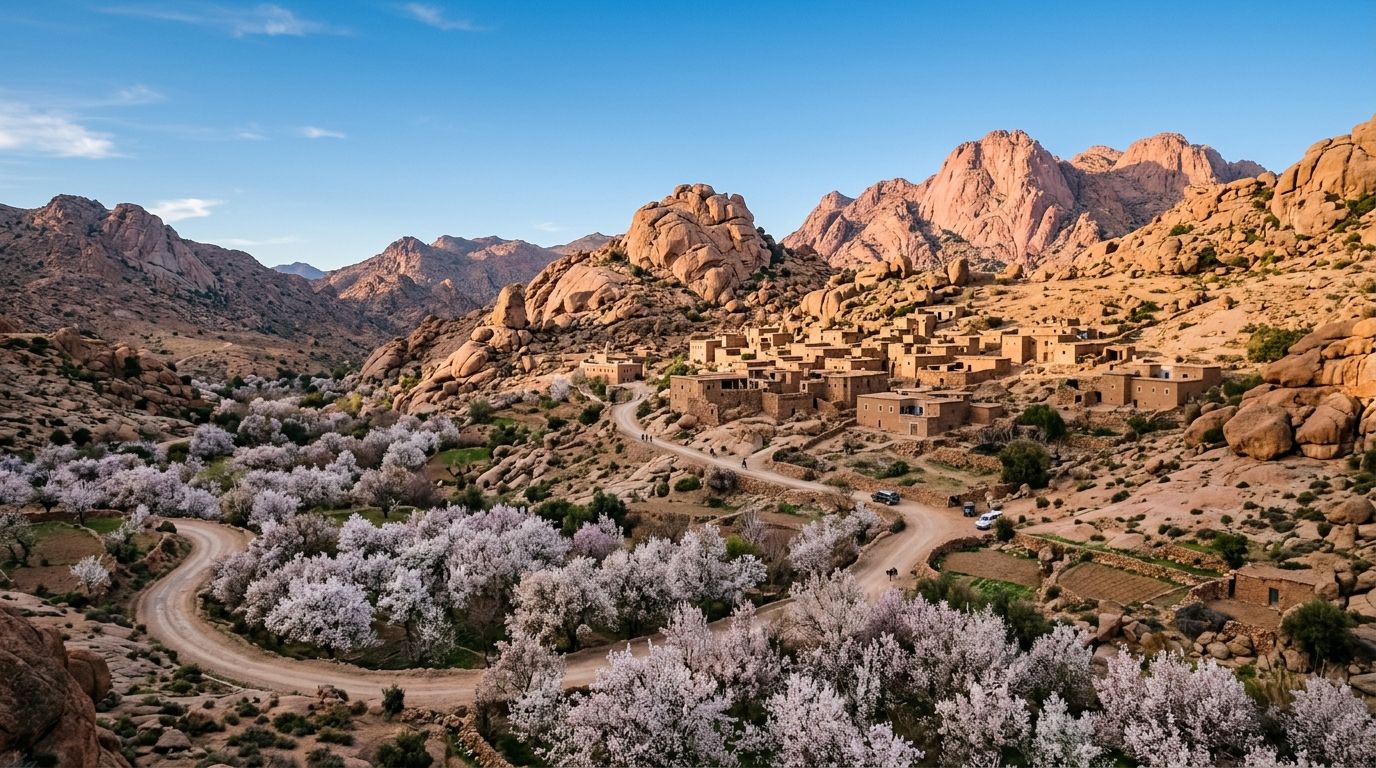 Vallée des Ameln près de Tafraout : villages berbères, amandiers et rochers de granit rose