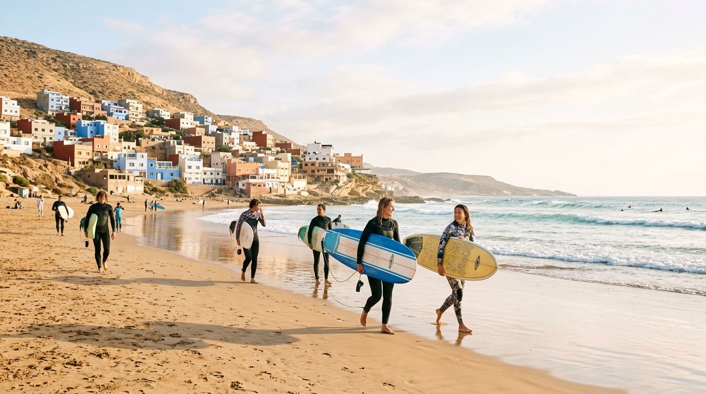 Surfeurs sur la plage de Taghazout près d'Agadir