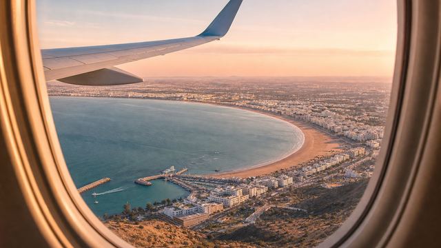 Vue du hublot sur la baie d’Agadir à l’atterrissage